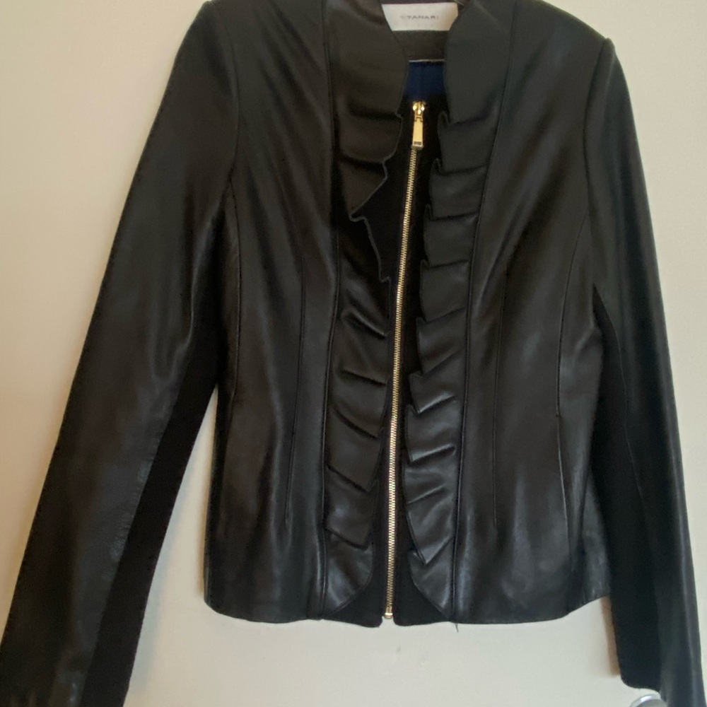 T Tahari Black Leather Jacket with Ruffle Detail